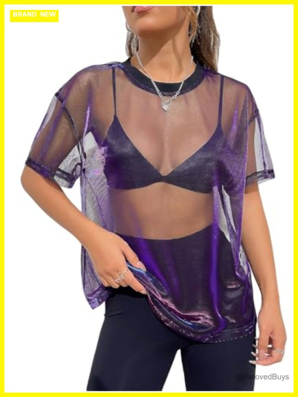 Women's Sheer Mesh Metallic Blouse Short Sleeve Rave Clubwear Top